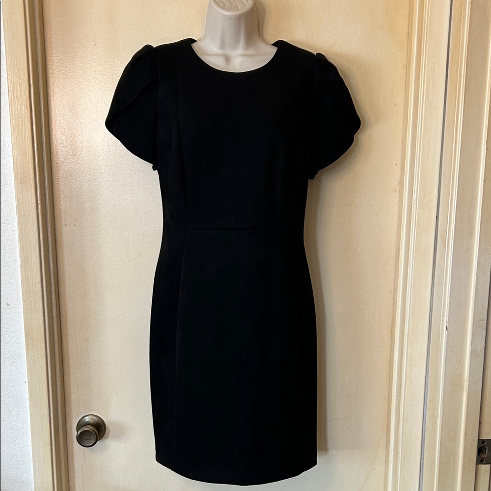 Calvin Klein Black Faux Suede Sheath Dress with Tulip Sleeves size 10